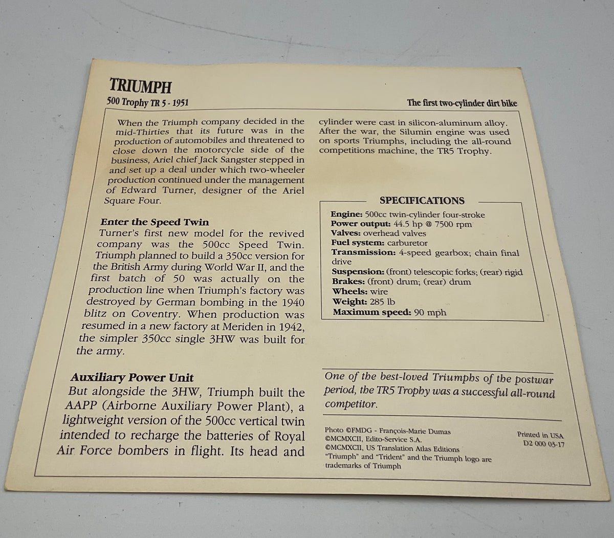 Vintage AJS 500cc Supercharged V4 Competition Motorcycle Info Card Spec Sheet