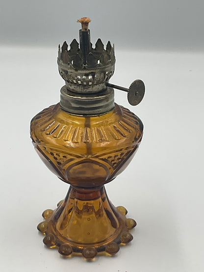 vintage amber pressed glass miniature oil lamp base and removable glass fuel reservoir