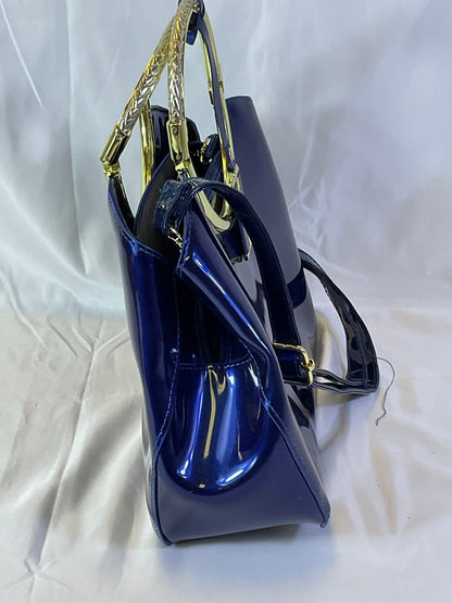Royal Blue Patent Leather Style Goldtone Accent Zipper Tote Handbag