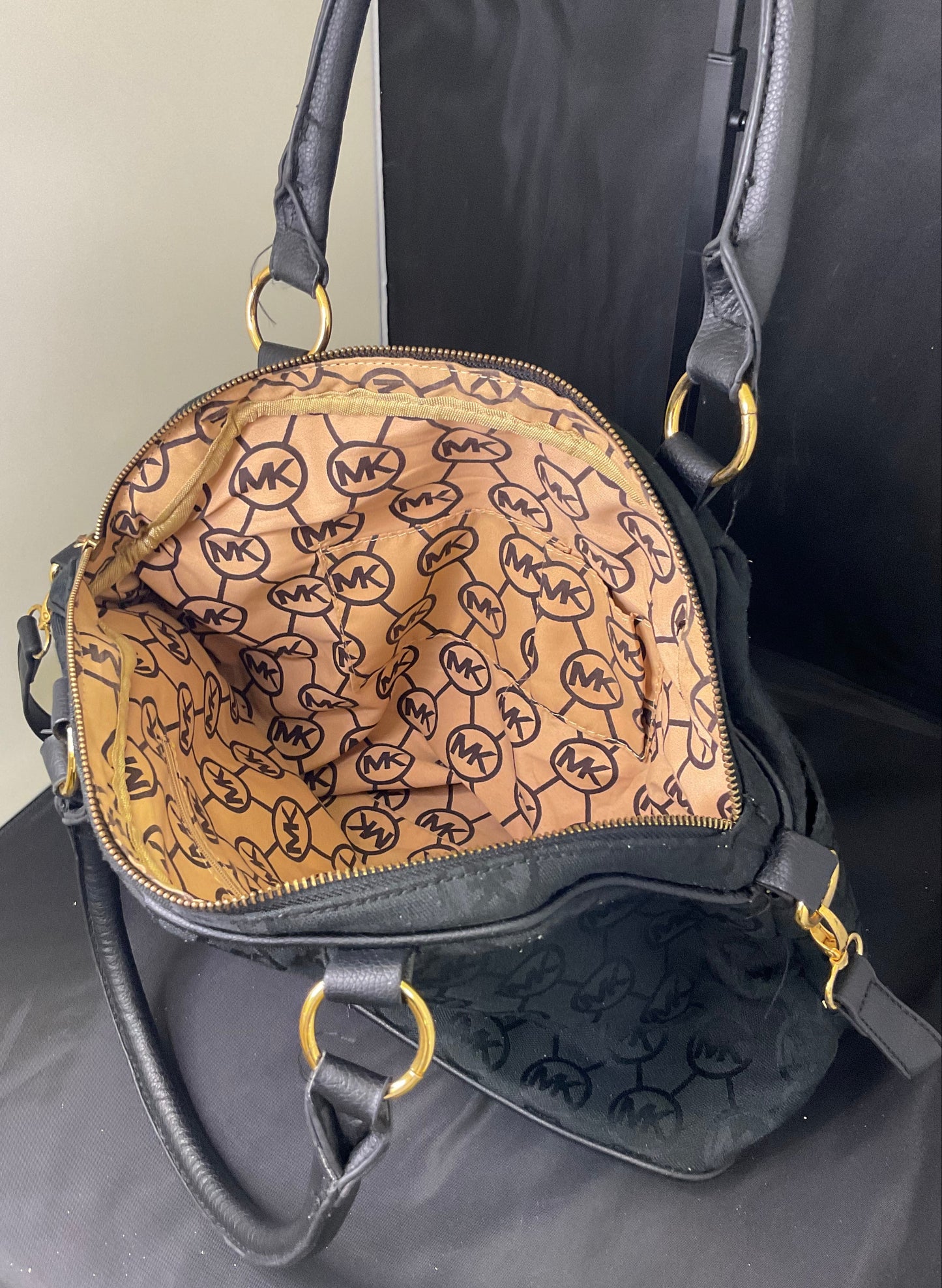 Michael Kors Jet Set Black Monogram Satchel Goldtone Hardware