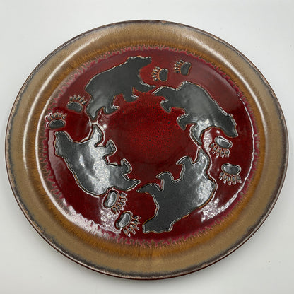 Rustic Bear Round Ceramic Serving Platter Red Brown Lodge Cabin Decor