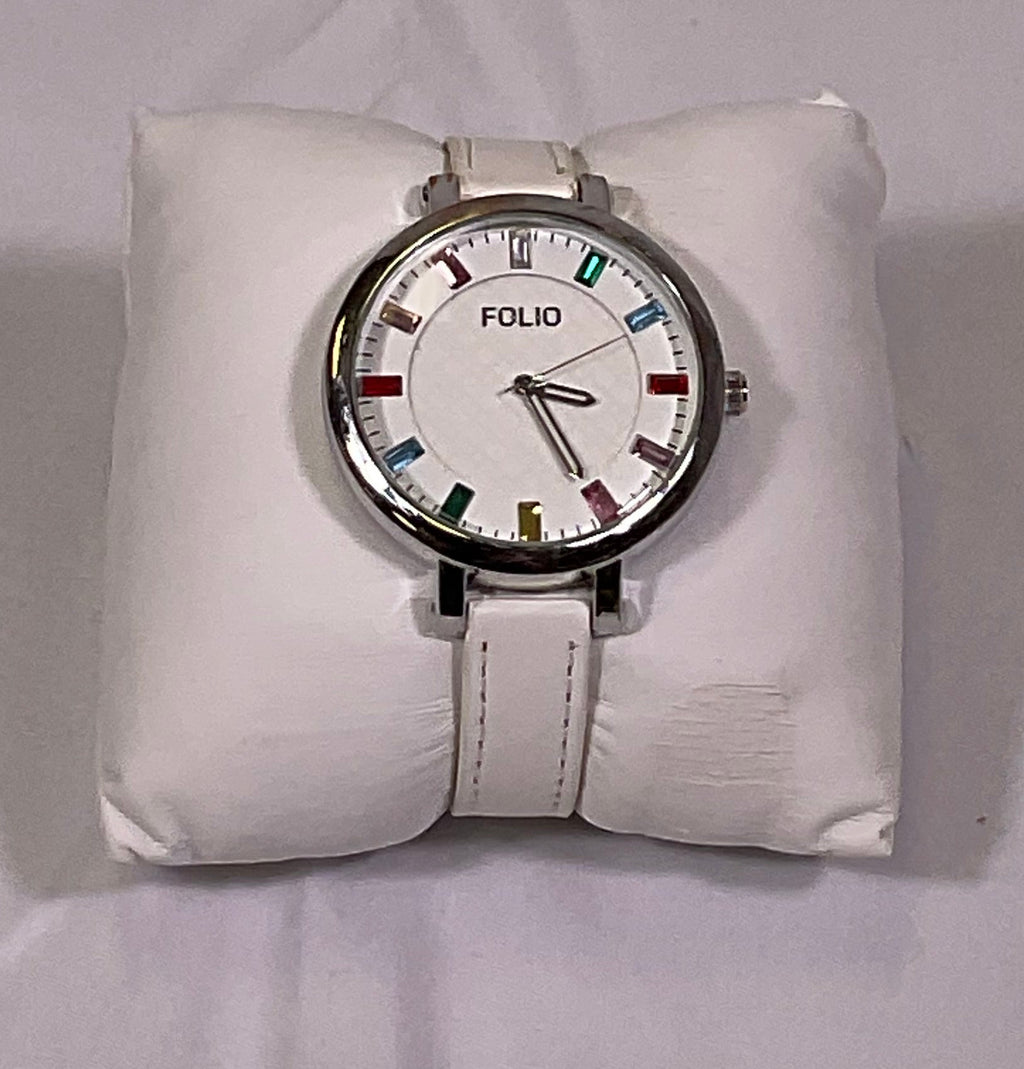 Folio White Quartz Rainbow Accent Analog Womens Watch Original Box Working Condition New Battery