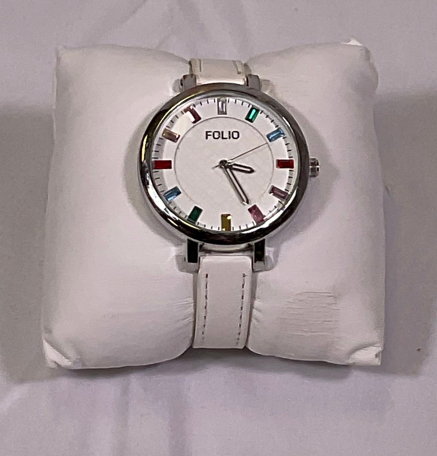 Folio White Quartz Rainbow Accent Analog Womens Watch Original Box Working Condition New Battery