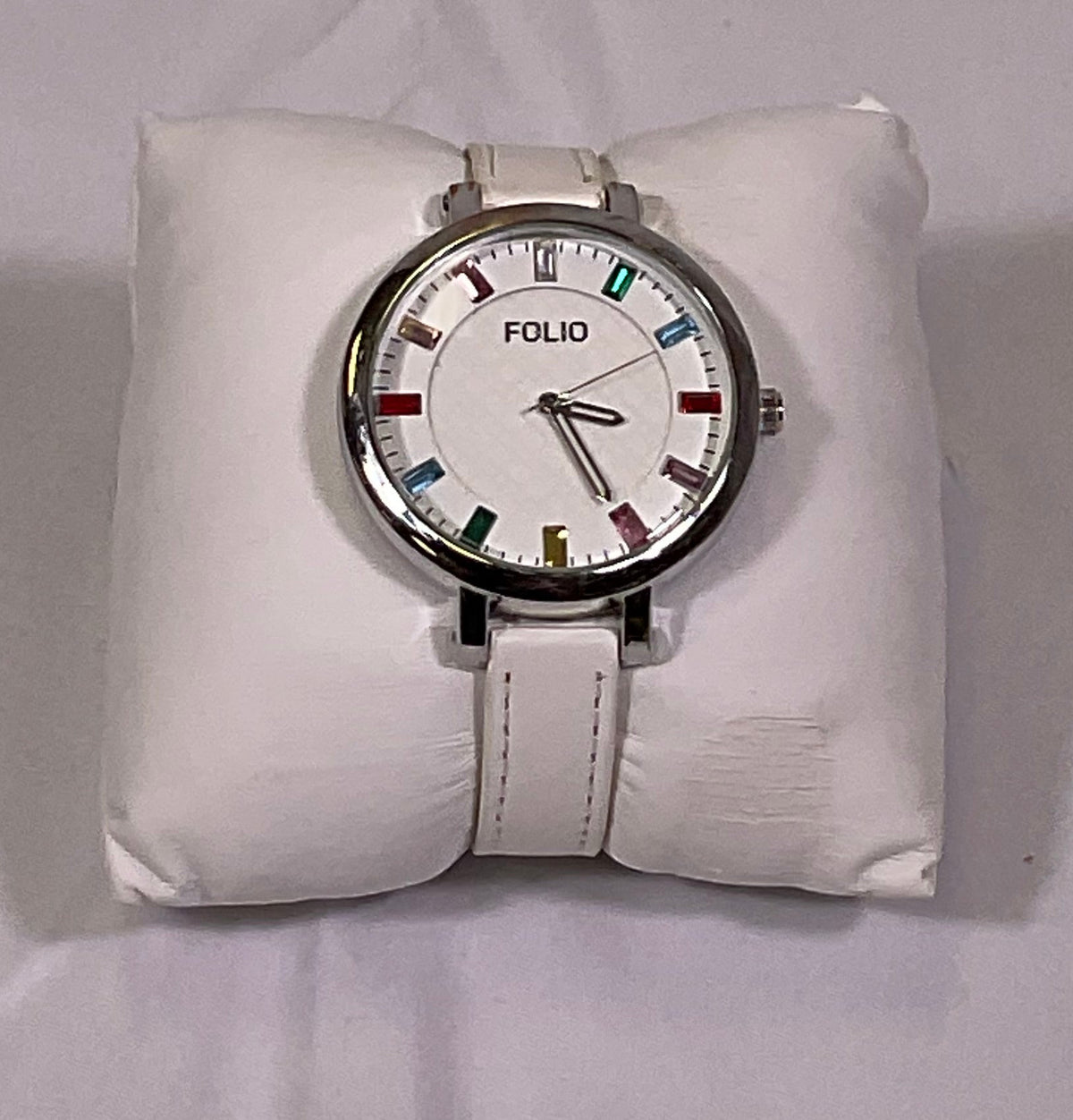 Folio White Quartz Rainbow Accent Analog Womens Watch Original Box Working Condition New Battery