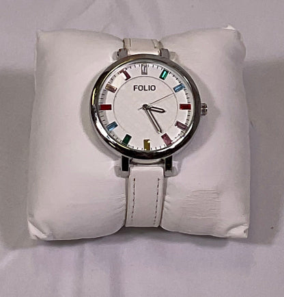 Folio White Quartz Rainbow Accent Analog Womens Watch Original Box Working Condition New Battery