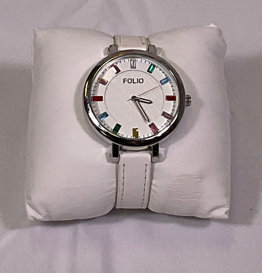 Folio White Quartz Rainbow Accent Analog Womens Watch Original Box Working Condition New Battery