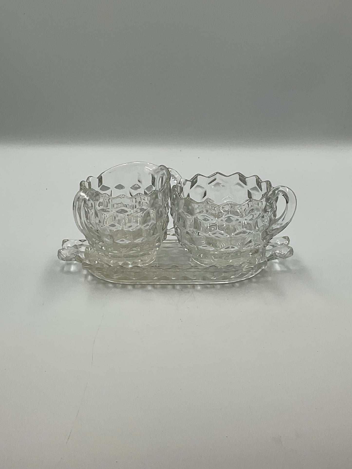 Vintage Fostoria American Clear Glass Creamer,Open Sugar Bowl and Matching Under Tray