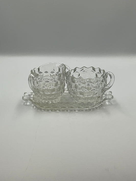 Vintage Fostoria American Clear Glass Creamer,Open Sugar Bowl and Matching Under Tray