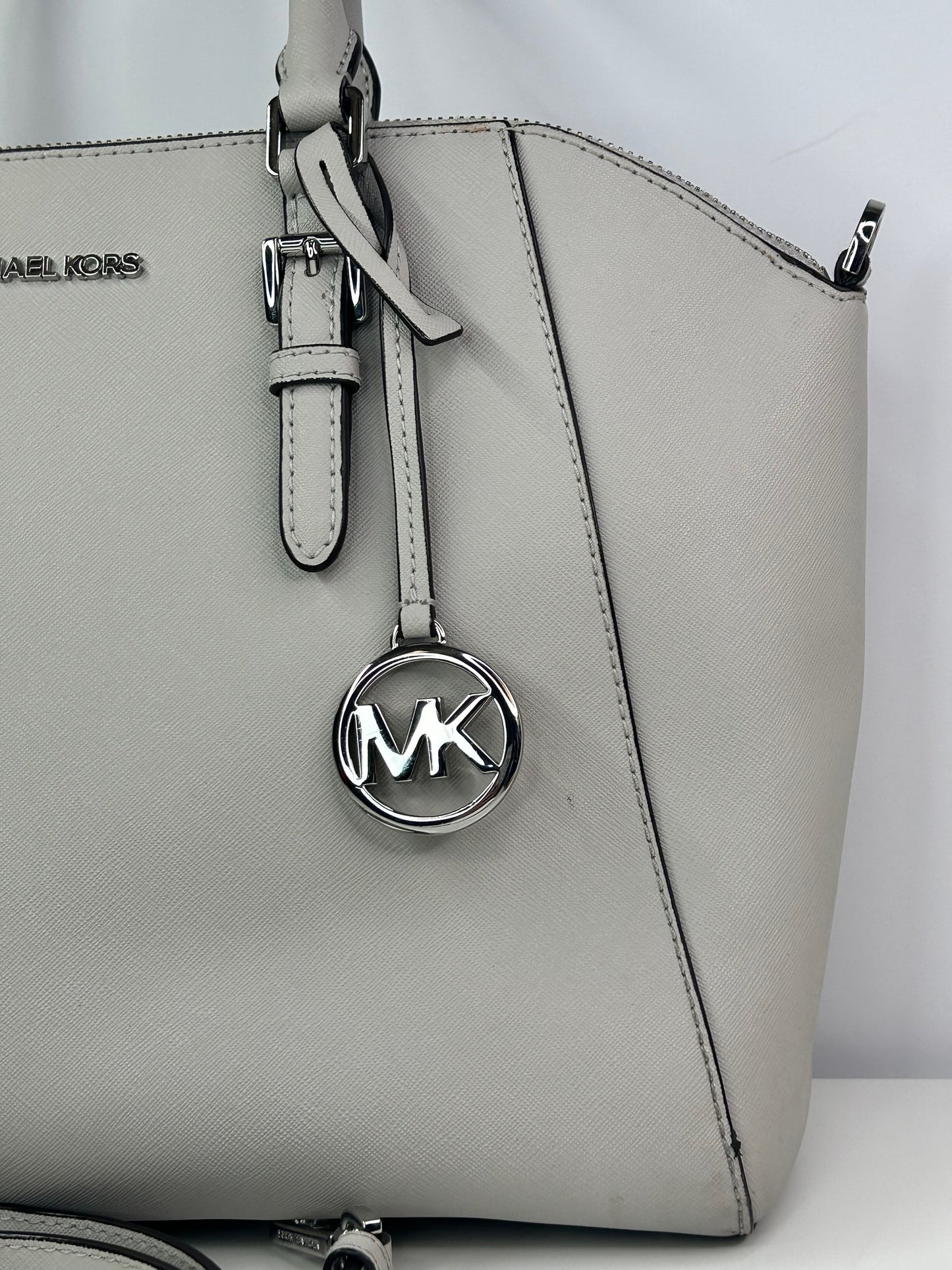 Michael Kors Ciara Large Light Stone Leather Top Zip Satchel Crossbody Purse Bag