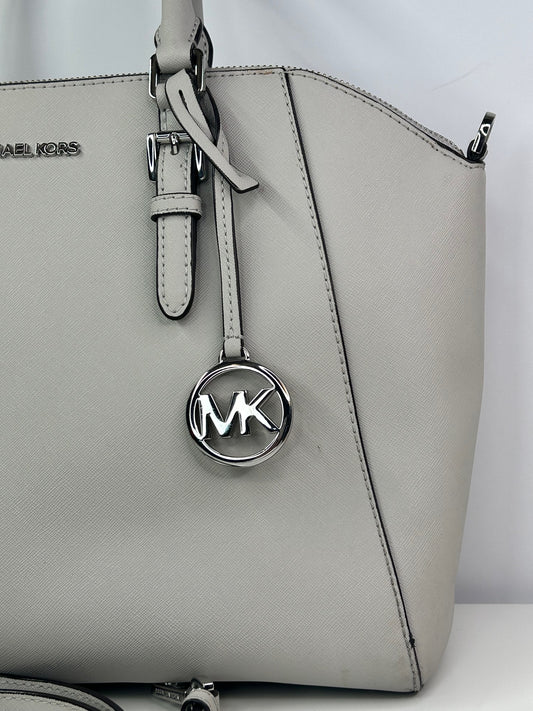 Michael Kors Ciara Large Light Stone Leather Top Zip Satchel Crossbody Purse Bag