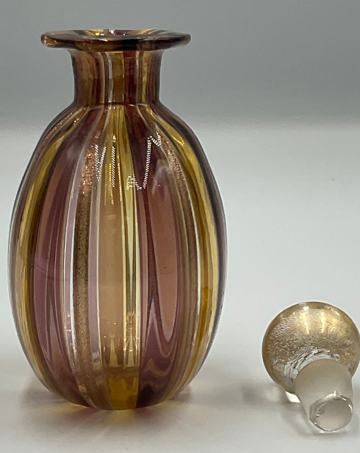 Murano Style Striped Art Glass Bottles Gold Aventurine Stoppers Set of 2