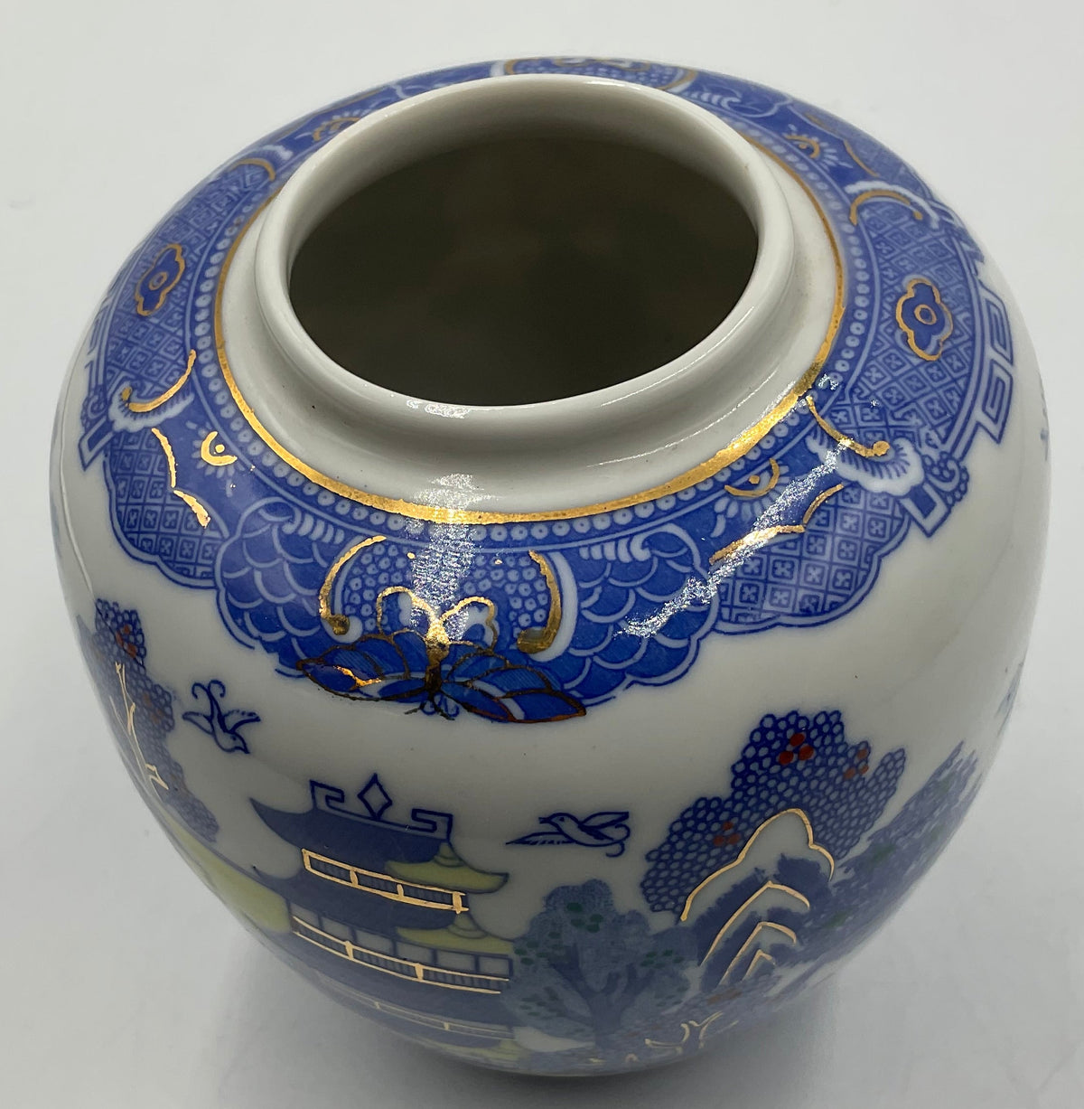Vintage Chinese Chinoiserie Blue White Pagoda Ginger Jar No Lid