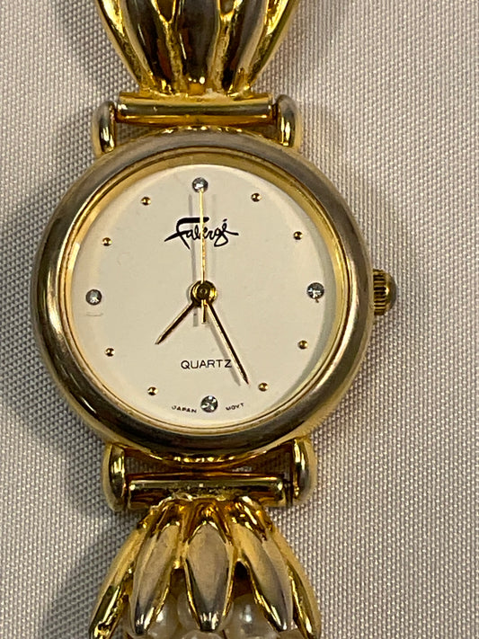 Faberge Quartz Gold Tone and Pearl Style Elegant Woman's Watch Working New Battery