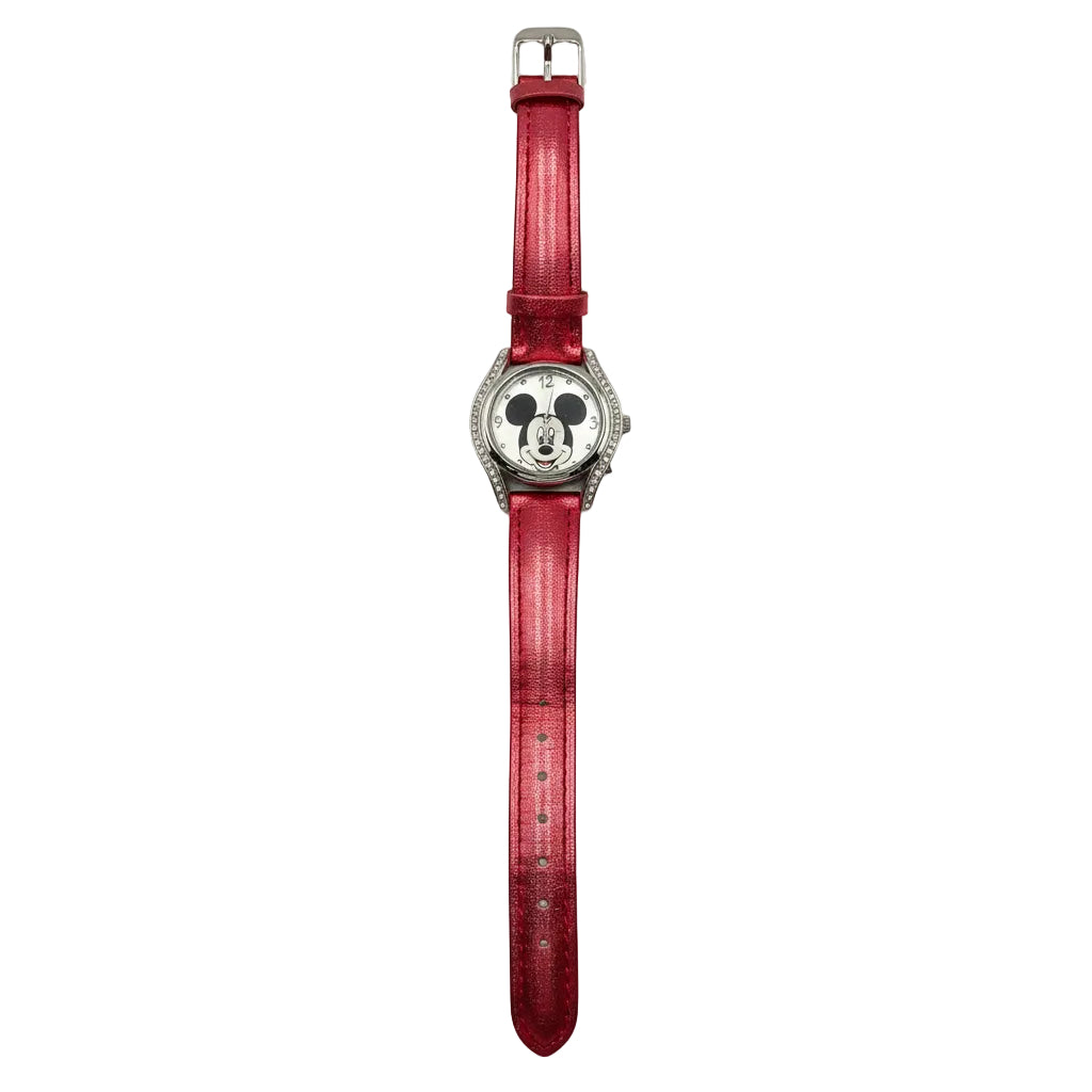 Disney Mickey Mouse Silvertone Rhinestone Glitter Red Watch New Battery