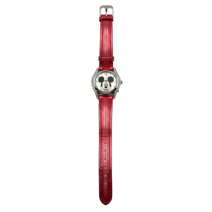 Disney Mickey Mouse Silvertone Rhinestone Glitter Red Watch New Battery