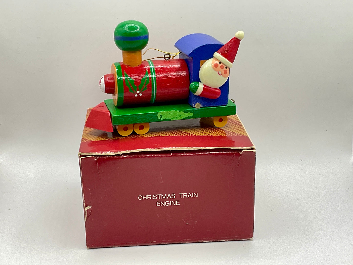 Vintage 1987 AVON Wooden Christmas Ornament Train Engine Santa Driving Train