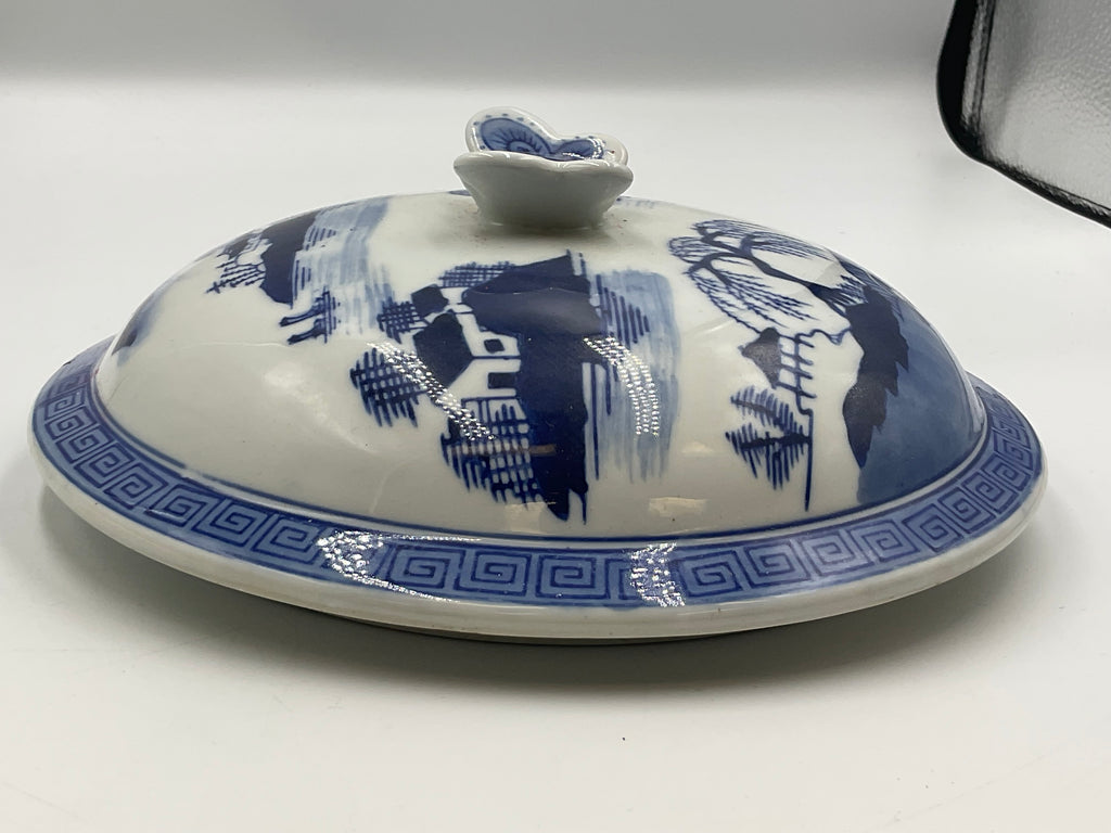 Blue and White Porcelain Lidded Soup Tureen Butterfly Handle Chinoiserie