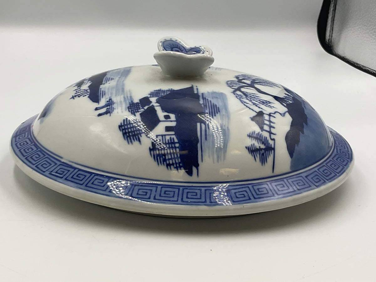 Blue and White Porcelain Lidded Soup Tureen Butterfly Handle Chinoiserie