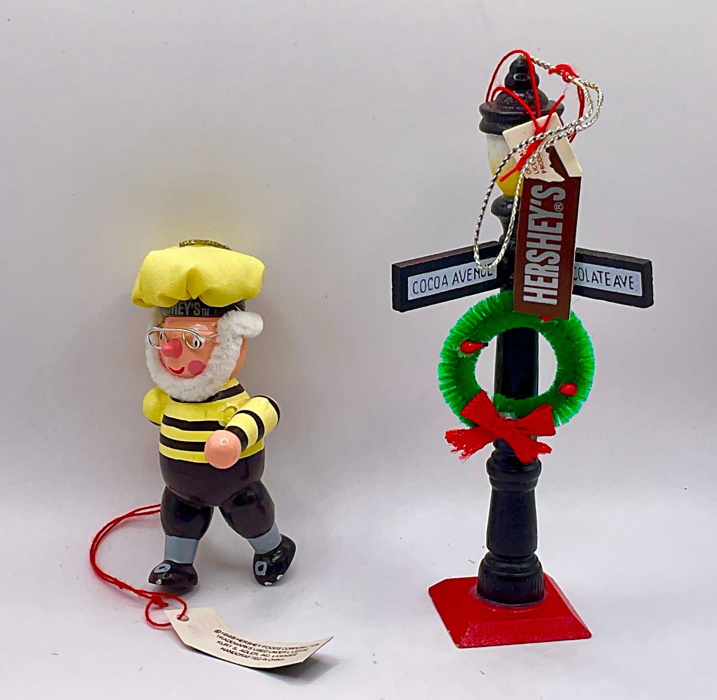 1990s Kurt S. Adler Hershey's themed Christmas tree ornaments Elf and Lamppost