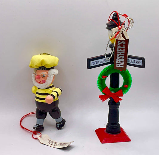 1990s Kurt S. Adler Hershey's themed Christmas tree ornaments Elf and Lamppost