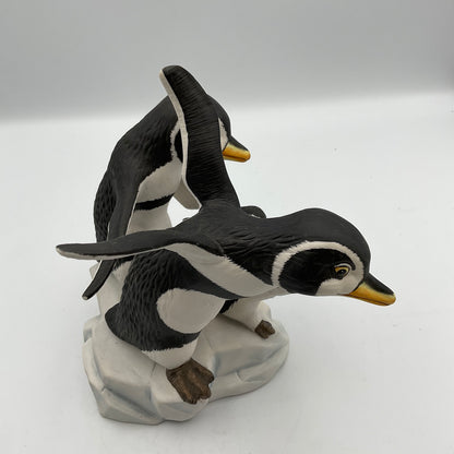 "Watch Me" Vintage 1989 Franklin Mint Hand Painted Porcelain Penguins