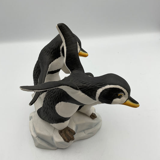 "Watch Me" Vintage 1989 Franklin Mint Hand Painted Porcelain Penguins