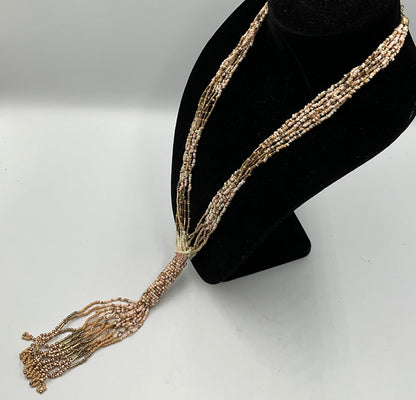 Long Dangling Tassel Necklace Tan Small Beaded Design Fashion Jewelry