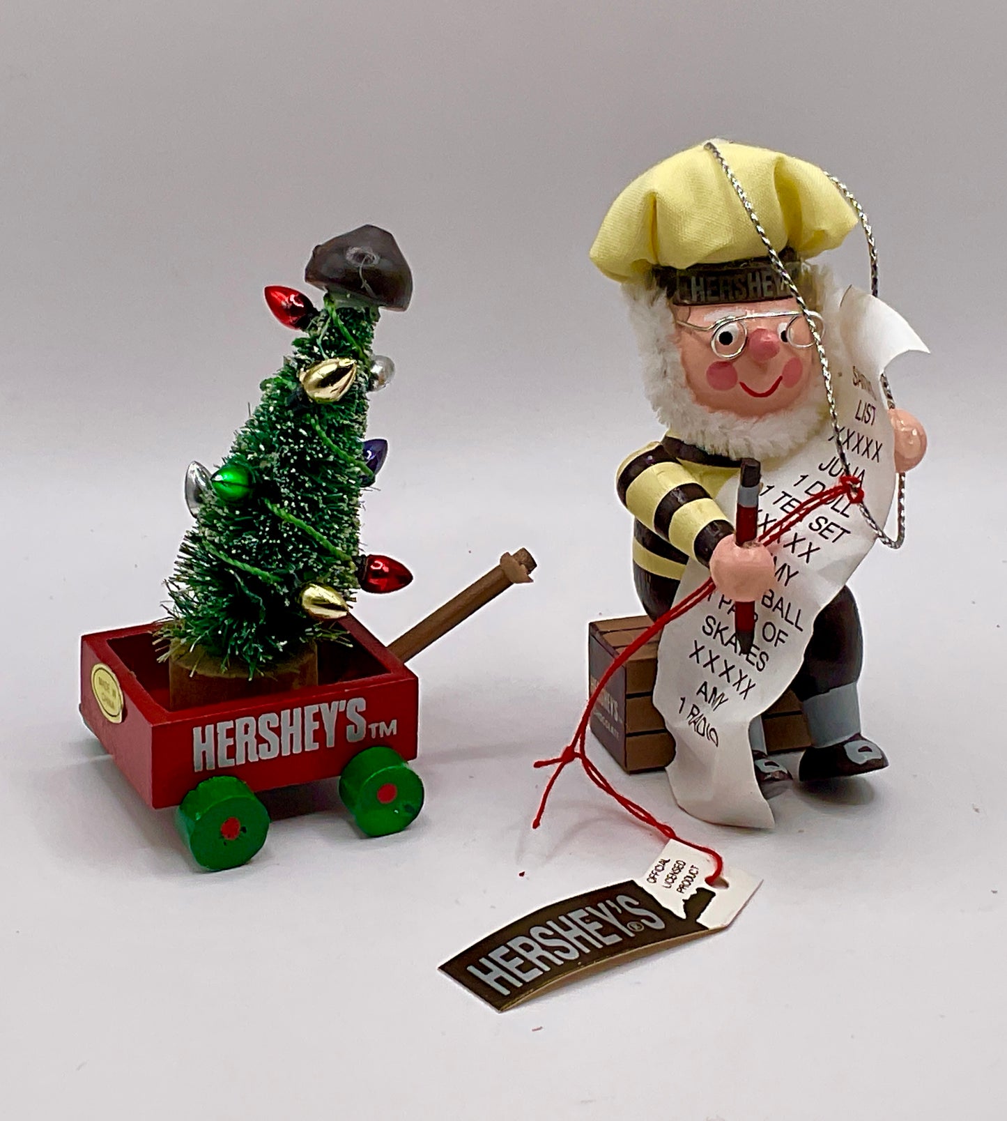 Kurt Adler's 1998 Hershey's Elf  Checking it Twice  and Tree wooden Christmas Ornament