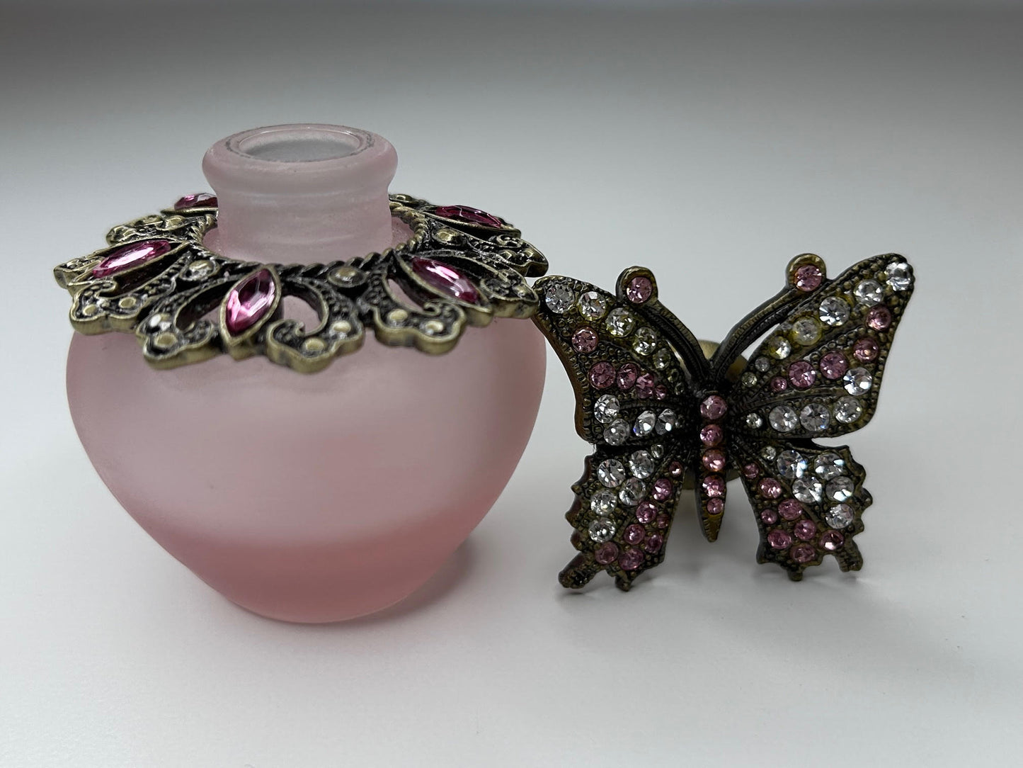 Butterfly Inspired Perfume Bottle Frosted Glass Pink Crystal Jeweled Bottle with Stopper