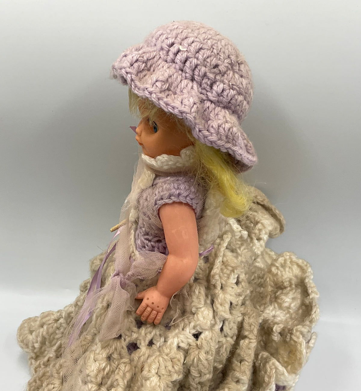 Vintage Doll Lavender Hand Crochet Victorian Dress Hat Handmade Outfit