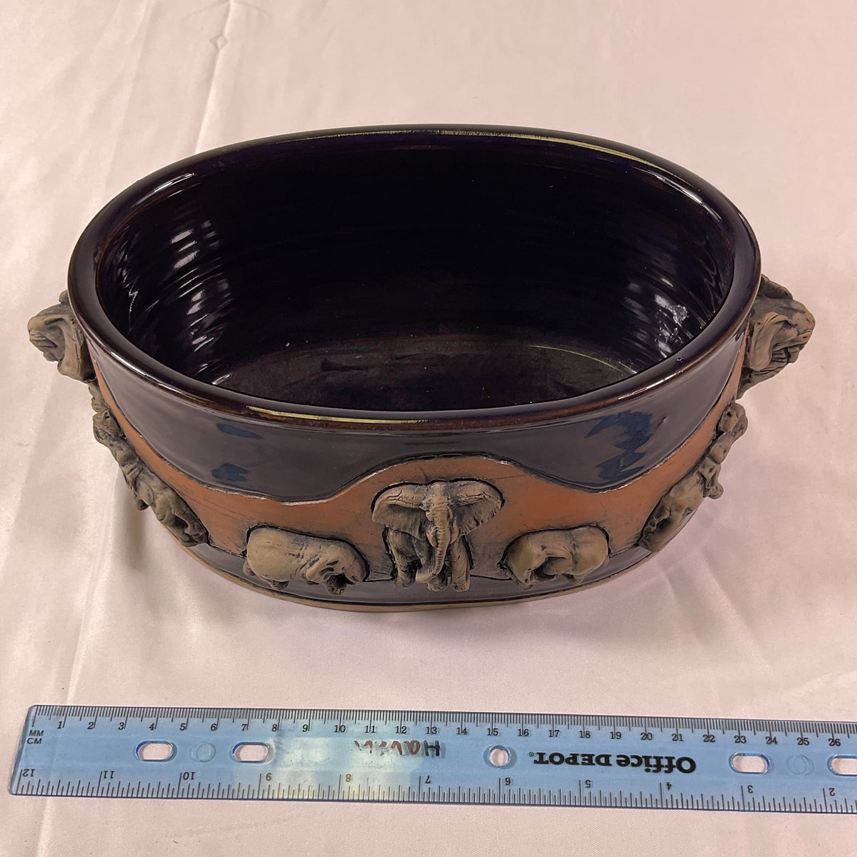 Leland G Shaw Studio Artist Signed High Relief Terra Cota Art Hand-Sculpted Elephants Warriors Planter Pot