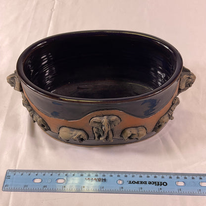 Leland G Shaw Studio Artist Signed High Relief Terra Cota Art Hand-Sculpted Elephants Warriors Planter Pot