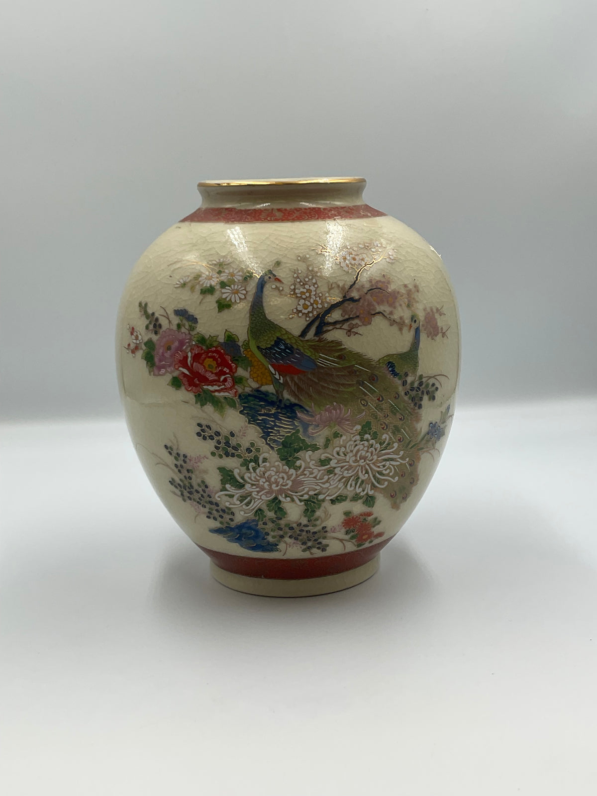 Japanese Satsuma-style porcelain peacock ovoid vase