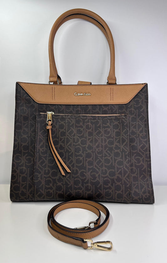 Calvin Klein CK Monogram Brown Tote Bag with Shoulder Strap Excellent Condition