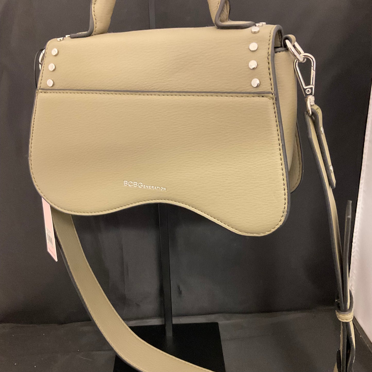 BCBGeneration Asymmetrical Studded Saddle Style Moss Color Shoulder Handbag