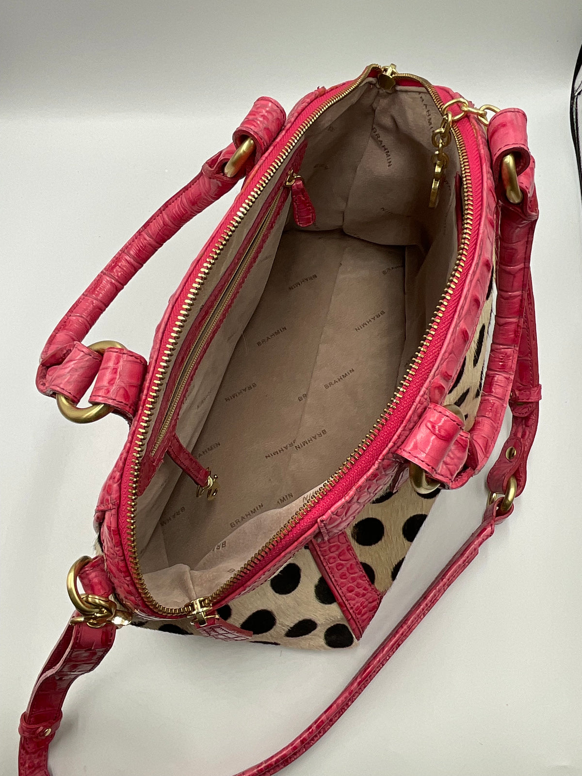 SPA-Purses MEDIUM Brahmin Hot Pink Croc Embossed Leather Satchel Handbag Polka Dot Calf Hair Accents Crossbody Bag