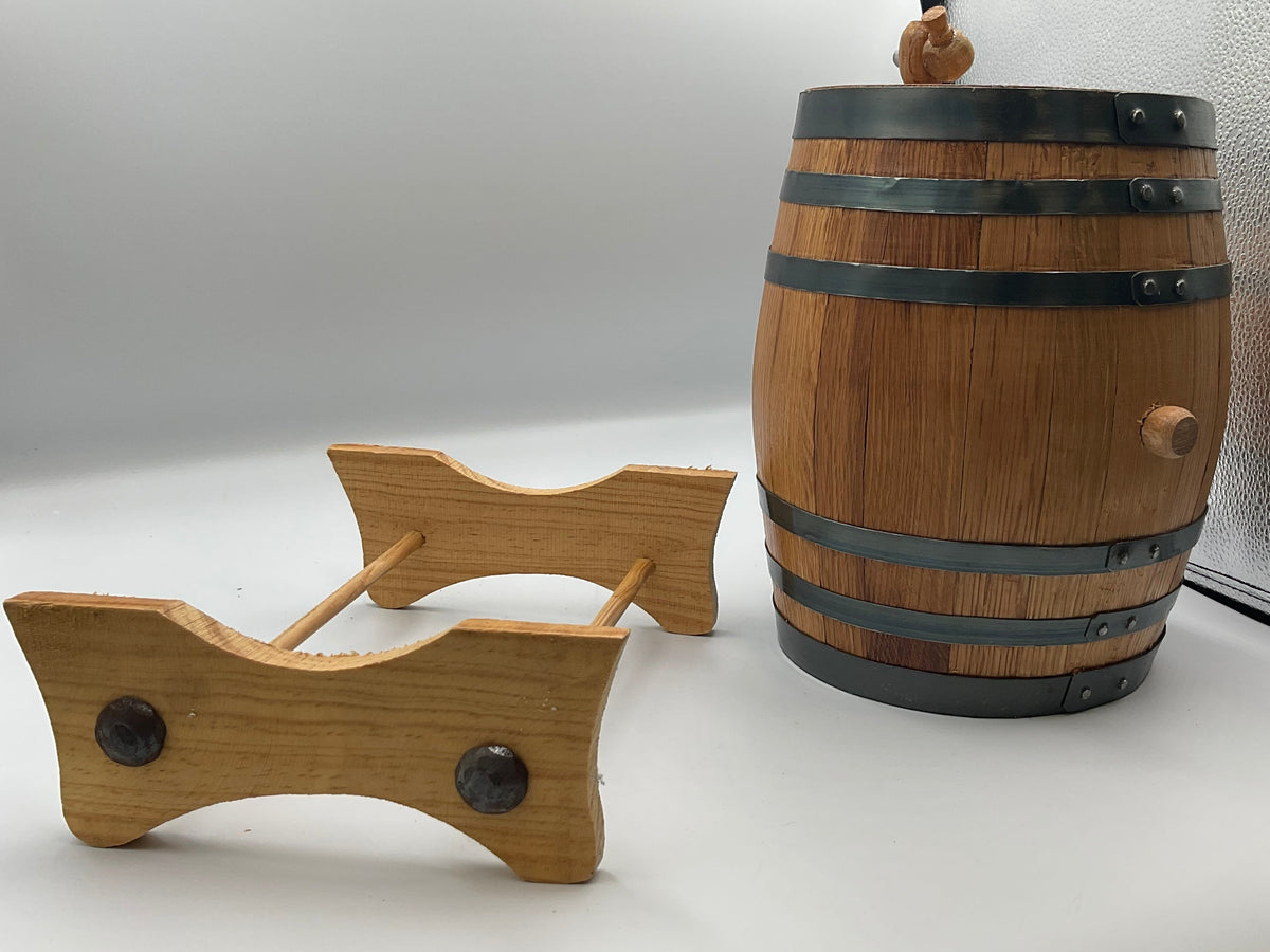 Miniature White Oak Wine Whiskey Barrel 2 Liter Dispenser with Wooden Stand and Spigot