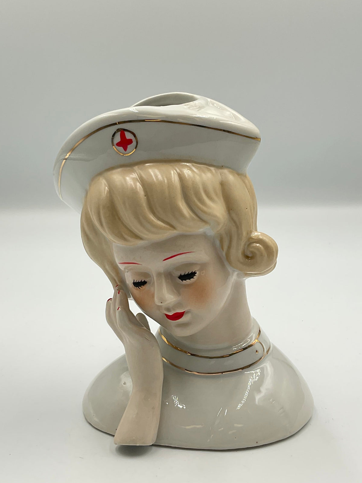 Nippon Nurse Head Vase Planter Red Cross