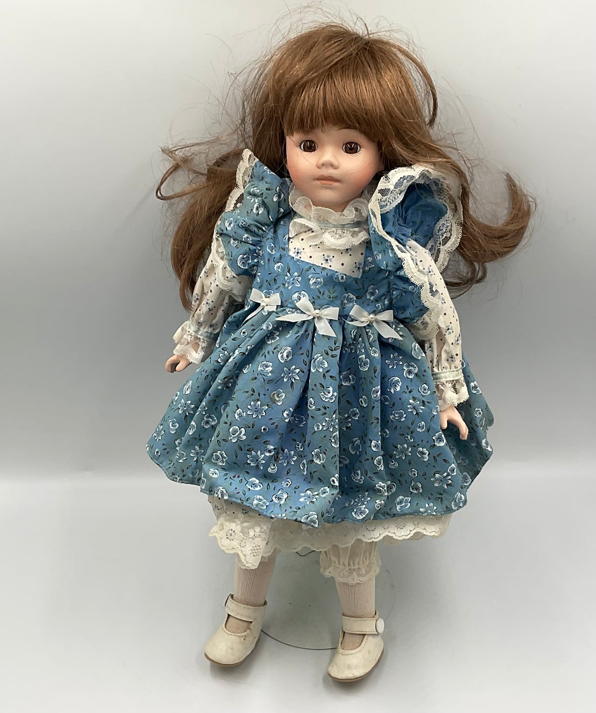 Vintage Porcelain Girl Doll Brown Hair Blue Foral Lace Dress Collectible