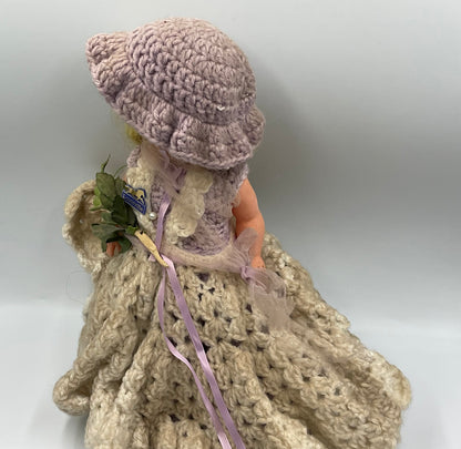 Vintage Doll Lavender Hand Crochet Victorian Dress Hat Handmade Outfit