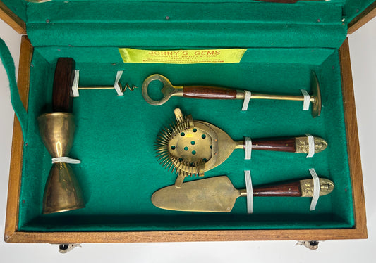 Johny's Gems Vintage Thailand SIAM Brass Wood Barware Set