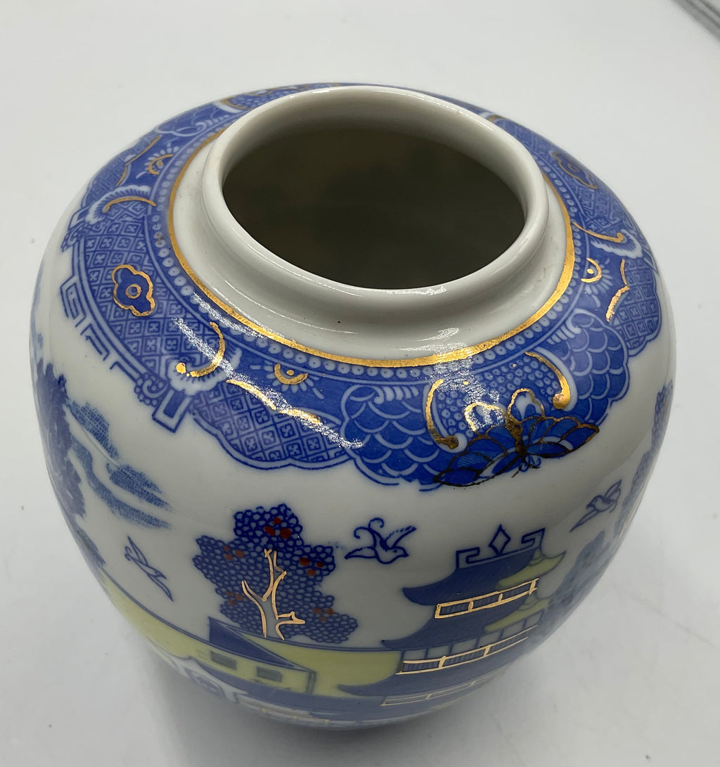 Vintage Chinese Chinoiserie Blue White Pagoda Ginger Jar No Lid