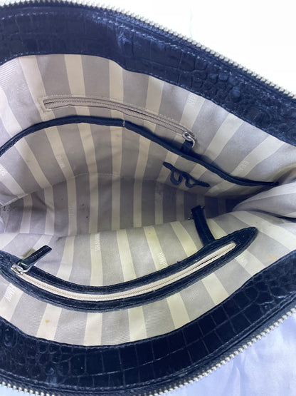 Brahmin Silver and Black Women's Leather Purse Shoulder Bag Faux Snakeskin Design and Metal Accents