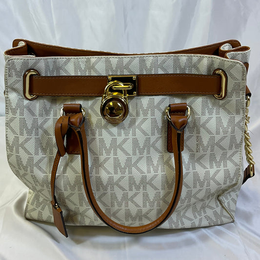 Michael Kors Brown White Leather Signature MK Logo Hamilton North South Tote Goldtone Padlock Key