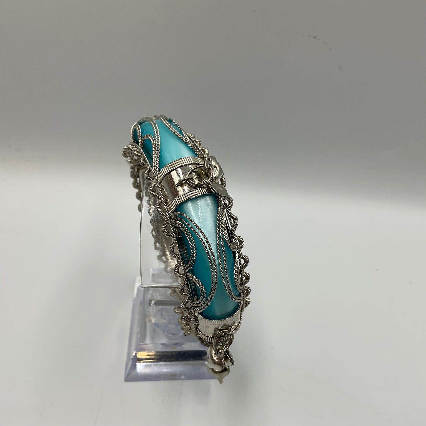 Hinged Bangle Teal Filigree Work with Small Dangled Charms
