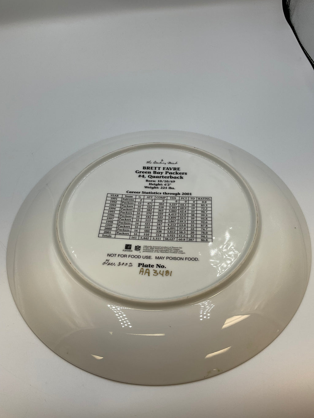 Danbury Mint Brett Favre Green Bay Packers Collector Plate Career Stats AA3481