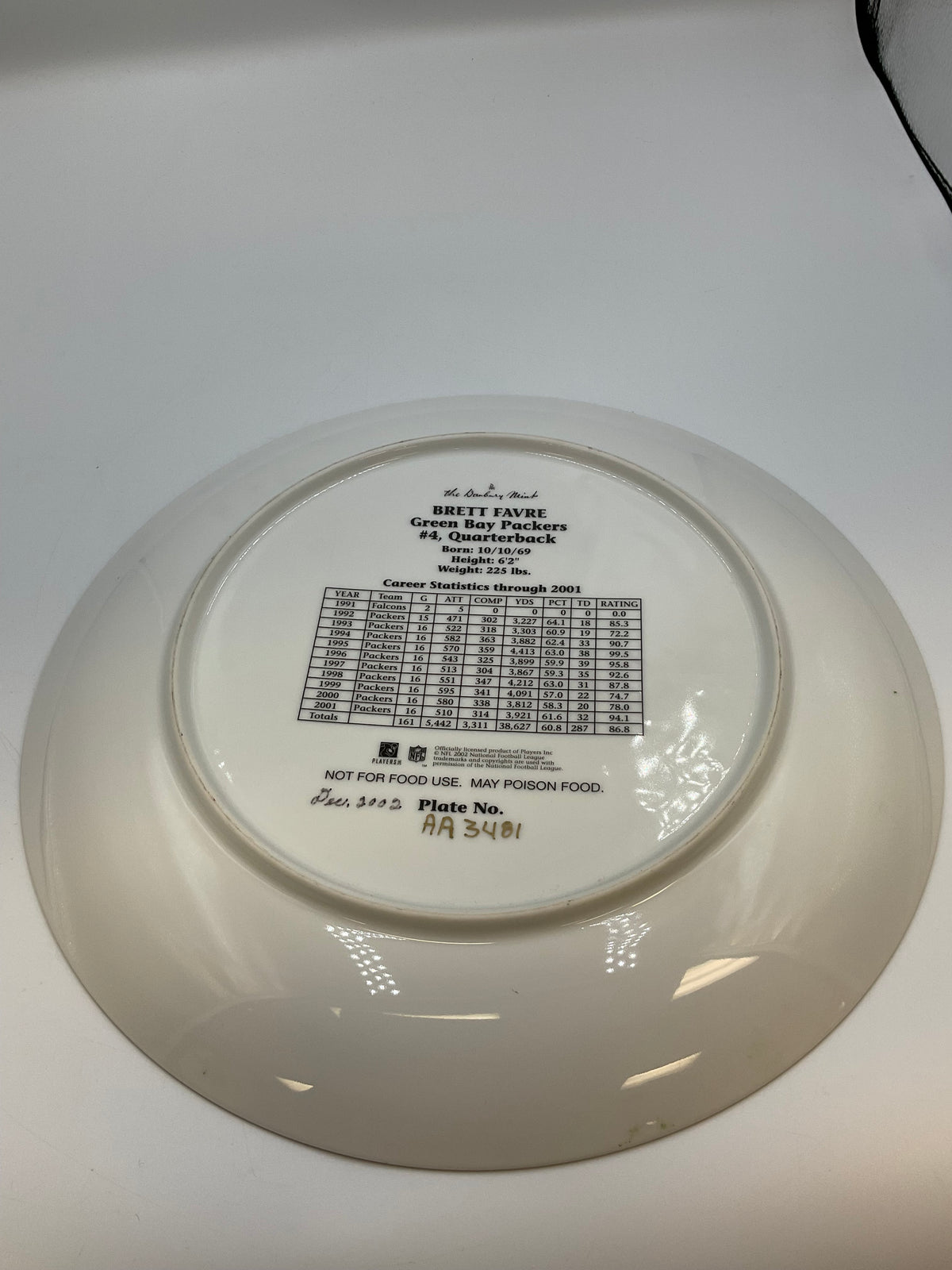 Danbury Mint Brett Favre Green Bay Packers Collector Plate Career Stats AA3481