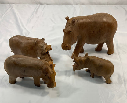 Genuine Besmo Wood Carvings Set of Four Hand-Carved Wooden Hippos Made in Kenya