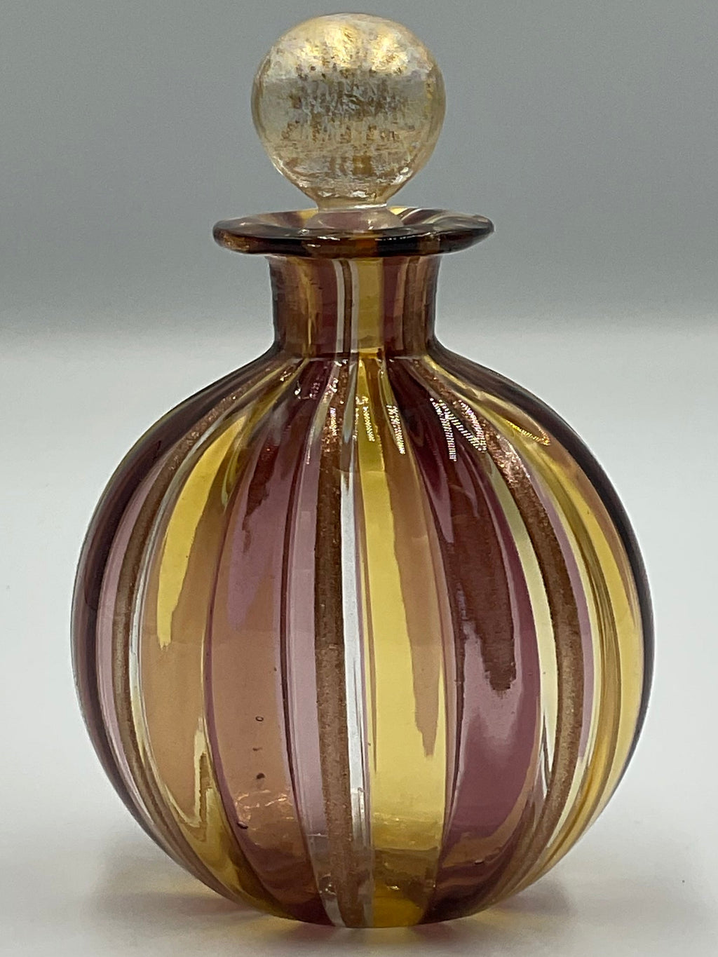 Murano Style Striped Art Glass Bottles Gold Aventurine Stoppers Set of 2