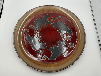 Rustic Bear Round Ceramic Serving Platter Red Brown Lodge Cabin Decor